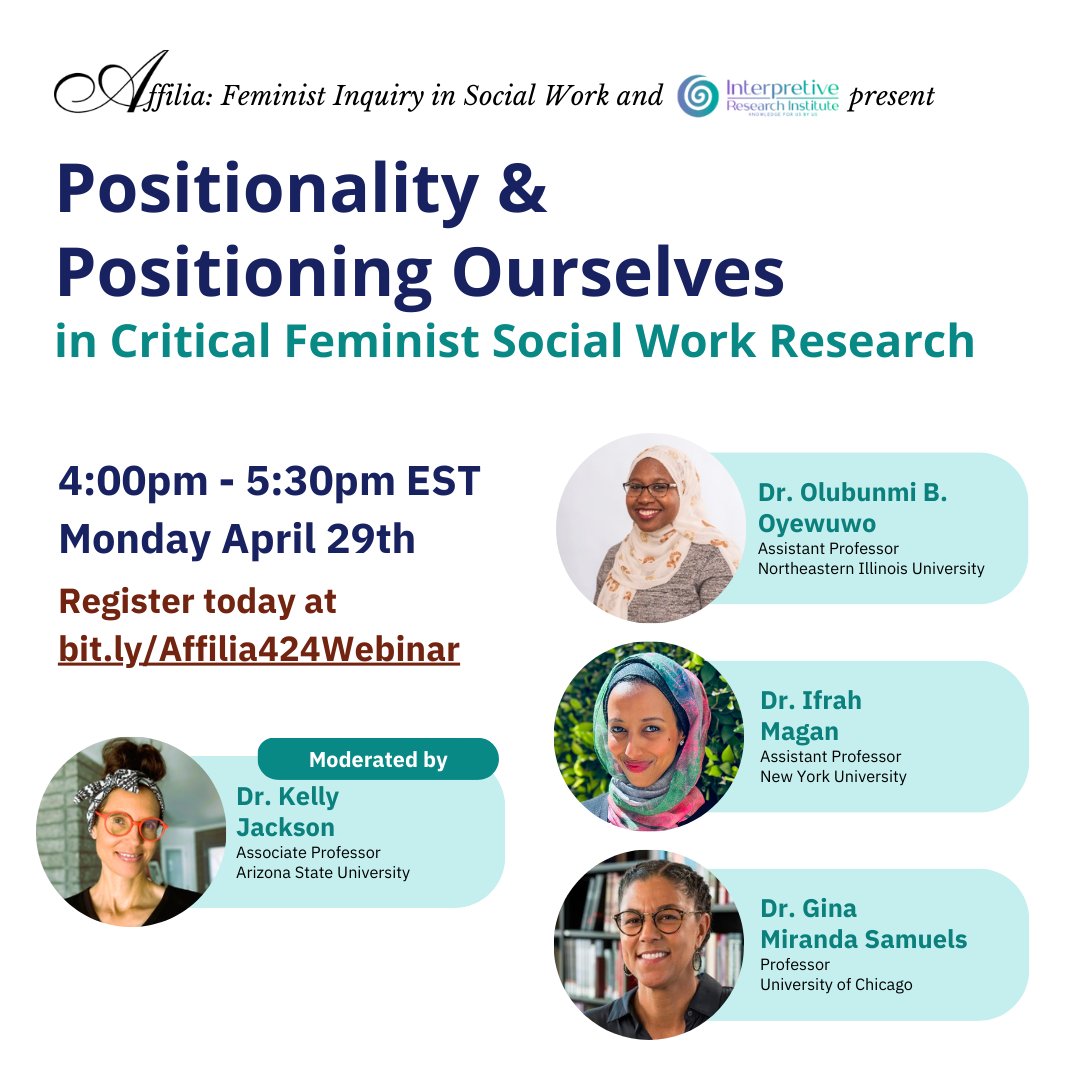 Registration is now open for Affilia's spring webinar 'Positionality & Positioning Ourselves in Critical Feminist Social Work Research' happening 4/29 @4pm bit.ly/Affilia424Webi…