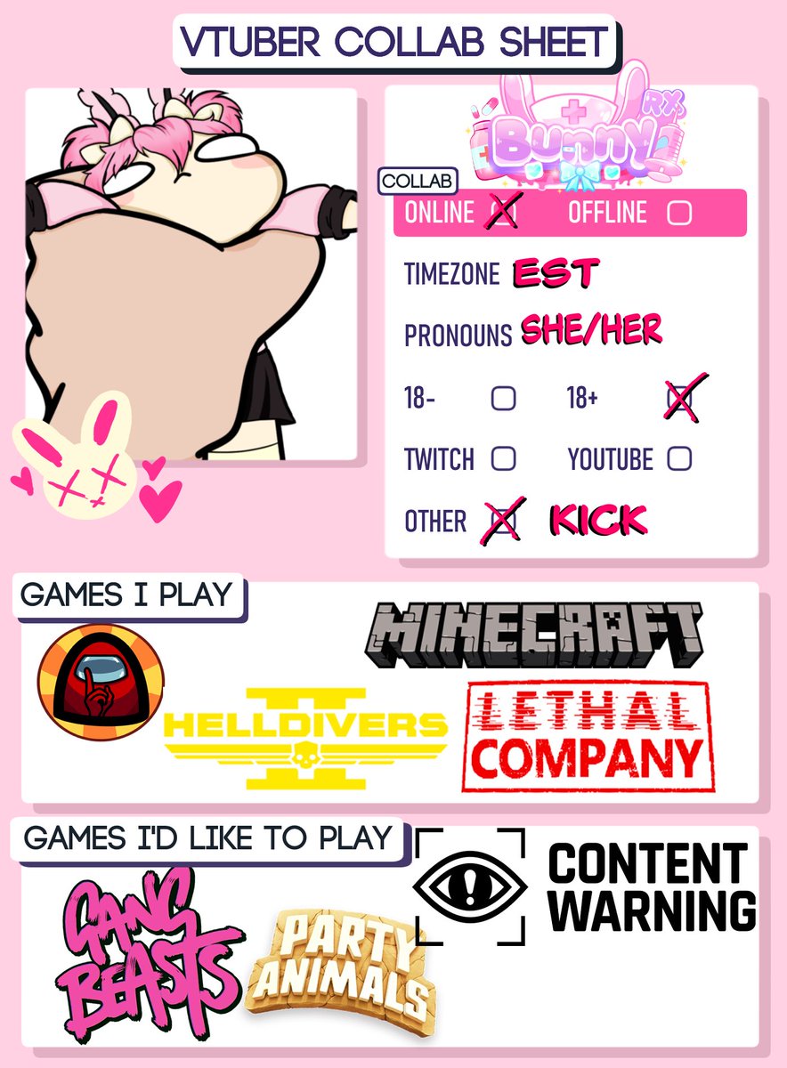 bunny_rx_'s tweet photo. I’d like to get to know more Vtubers, so I made a #vtuber collab sheet! I don’t have a set schedule but I only work two days of the week so I’m pretty open! 

Don’t be afraid to reach out! I start off shy, but once I warm up I’m ready for chaos!!💕
#ENVtubers #VtuberUprising https://t.co/MKO5FKcreW