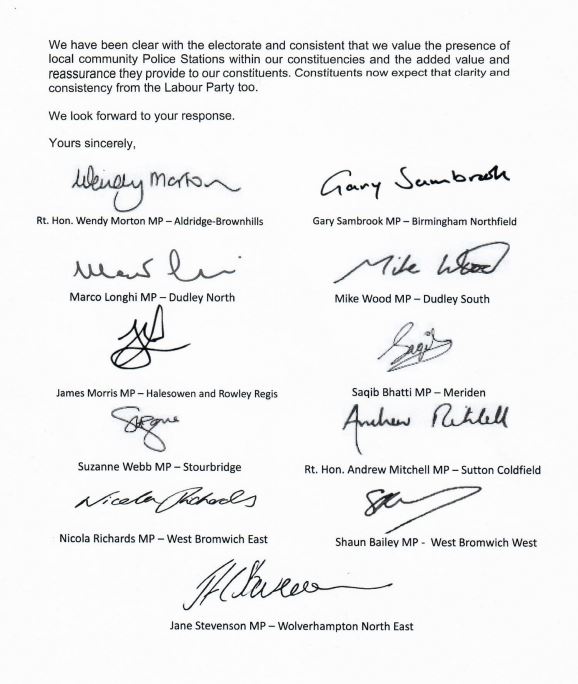 Wendy Morton MP (@morton_wendy) on Twitter photo 🚨STANDING UP FOR ALDRIDGE POLICE STATION🚨
Clarity needed - see the joint MP letter below seeking an urgent response.
@Tom4PCC <a href="/GarySambrook89/">Gary Sambrook</a> <a href="/marcolonghi4dn/">Marco Longhi</a> <a href="/mikejwood/">Mike Wood</a> <a href="/JamesMorris/">James Morris OBE</a> <a href="/bhatti_saqib/">Saqib Bhatti MP</a> <a href="/Q66Suzi/">Suzanne Webb OBE</a> <a href="/AndrewmitchMP/">Andrew Mitchell</a> <a href="/nicolafrichards/">Nicola Richards</a> @Shaun4WBW <a href="/Jane_Stevenson_/">Jane Stevenson</a> 🚨STANDING UP FOR ALDRIDGE POLICE STATION🚨
Clarity needed - see the joint MP letter below seeking an urgent response.
@Tom4PCC <a href="/GarySambrook89/">Gary Sambrook</a> <a href="/marcolonghi4dn/">Marco Longhi</a> <a href="/mikejwood/">Mike Wood</a> <a href="/JamesMorris/">James Morris OBE</a> <a href="/bhatti_saqib/">Saqib Bhatti MP</a> <a href="/Q66Suzi/">Suzanne Webb OBE</a> <a href="/AndrewmitchMP/">Andrew Mitchell</a> <a href="/nicolafrichards/">Nicola Richards</a> @Shaun4WBW <a href="/Jane_Stevenson_/">Jane Stevenson</a>