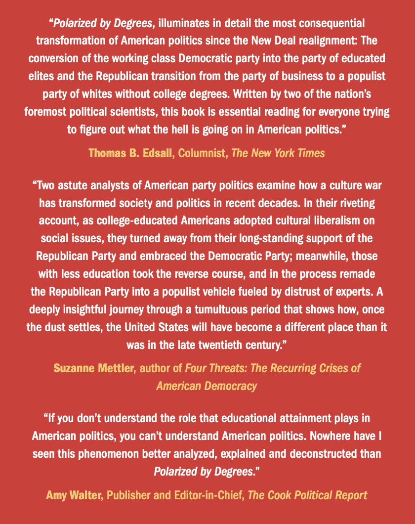 Blurbs are in for my next book with @DaveAHopkins, Polarized by Degrees: How the Diploma Divide and the Culture War Transformed American Politics. Thanks so much! @Edsall @SuzanneMettler1 @amyewalter Pre-order here: cambridge.org/us/universityp…