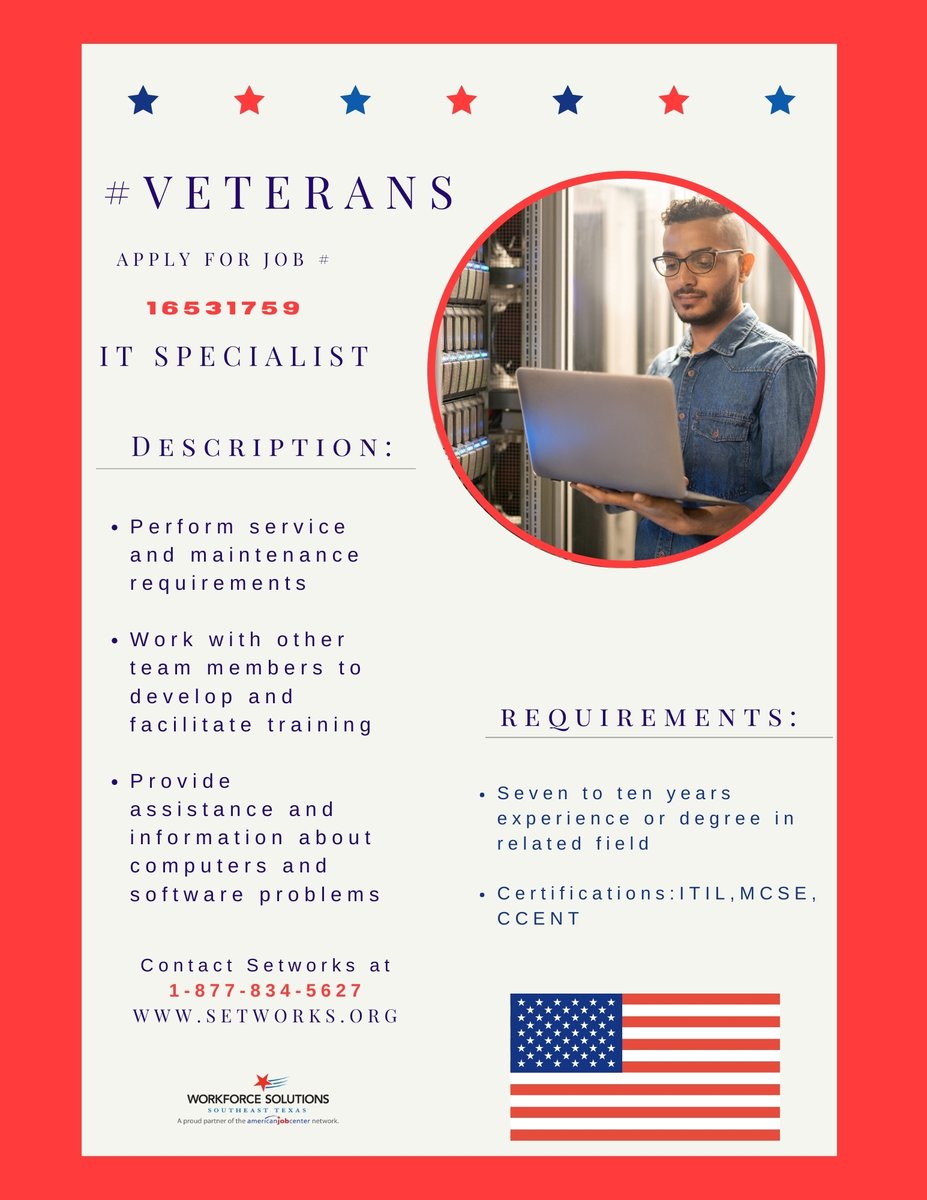 #VETERANS Apply for job #16531759. Contact SETWORKS at 1-877-834-5627 or setworks.org for assistance!