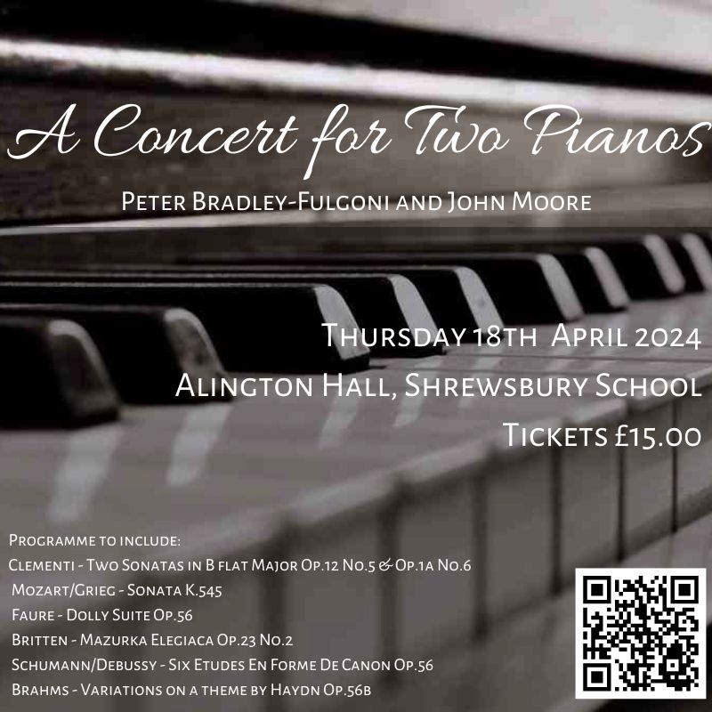 ONE WEEK TO GO: A Concert for Two Pianos. Thursday 18th April, 7.30pm, Alington Hall <a href="/ShrewsburySch/">Shrewsbury School</a>. Tickets available from ticketsource.co.uk/shrewsburyscho…