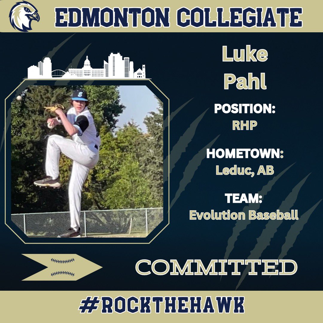 🚨 COMMITMENT ALERT 🚨 We are excited to announce the commitment of RHP Luke Pahl. Pahl joins Edmonton Collegiate from Leduc and Evolution Baseball! #RockTheHawk