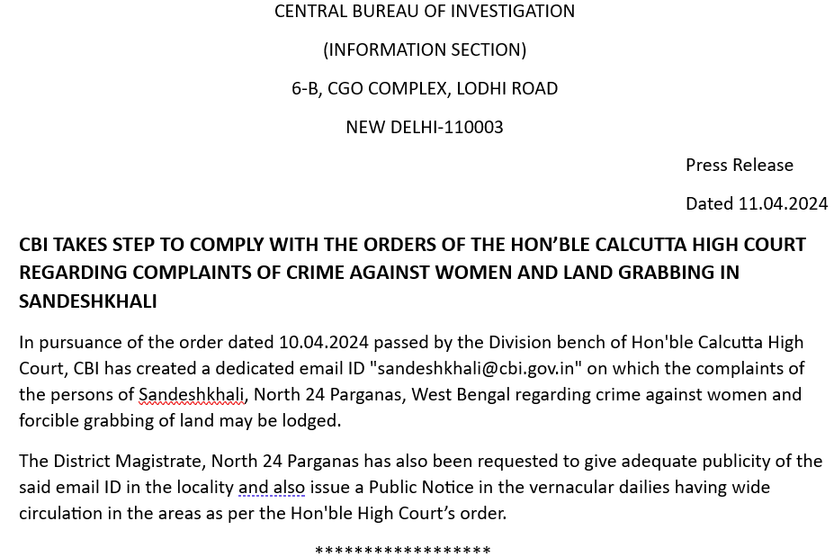 CBI TAKES STEP TO COMPLY WITH THE ORDERS OF THE HON’BLE CALCUTTA HIGH COURT REGARDING COMPLAINTS OF CRIME AGAINST WOMEN AND LAND GRABBING IN SANDESHKHALI