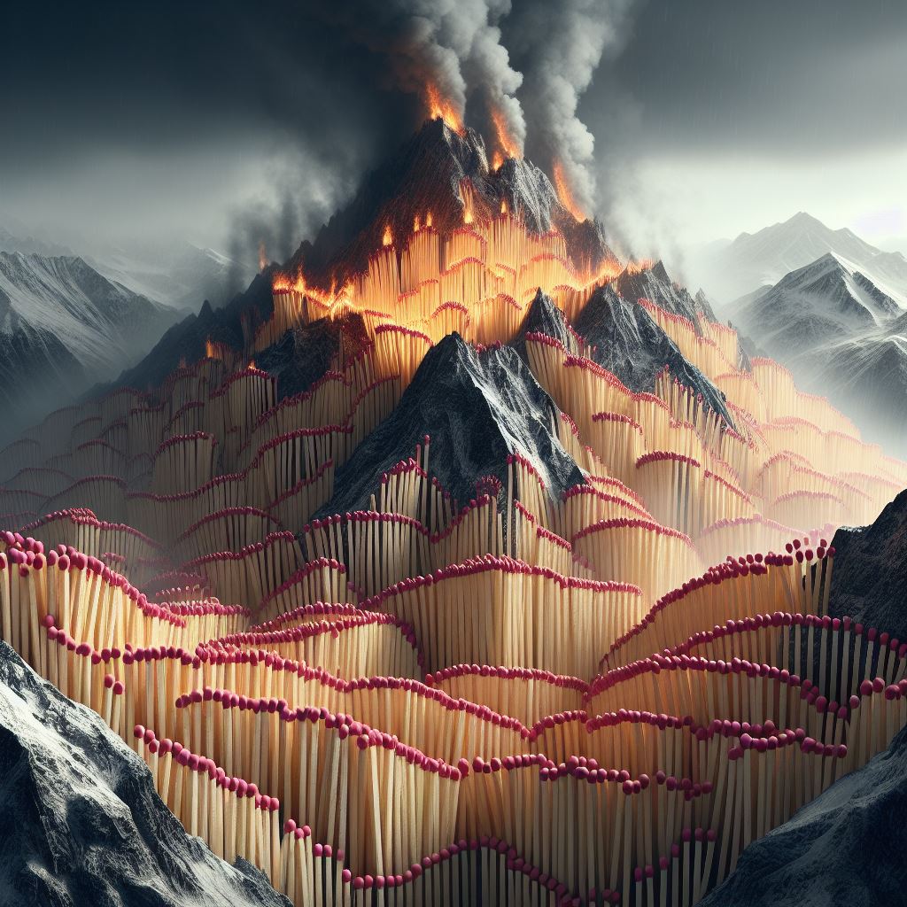 Prompt : mountain filled with matchsticks, instead of wood, begins to catch fire
#BingCreator #ClimateCrisis #Wildfire
If the weather is too dry, mountain trees will become match-like. They will catch fire easily at any time. The cause of frequent wildfires is the climate crisis.