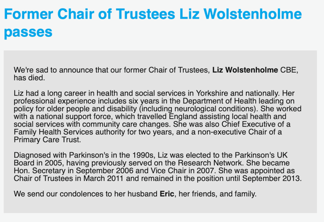 Our colleague and good friend Eric Wolstenholme asked me to pass on to @systemdynamics_ &  @UKSDSoc the sad news that Liz, his wife and soulmate, died on 27 March. Liz had a distinguished career in the NHS, Dept of Health, also chaired @ParkinsonsUK (their tribute below).