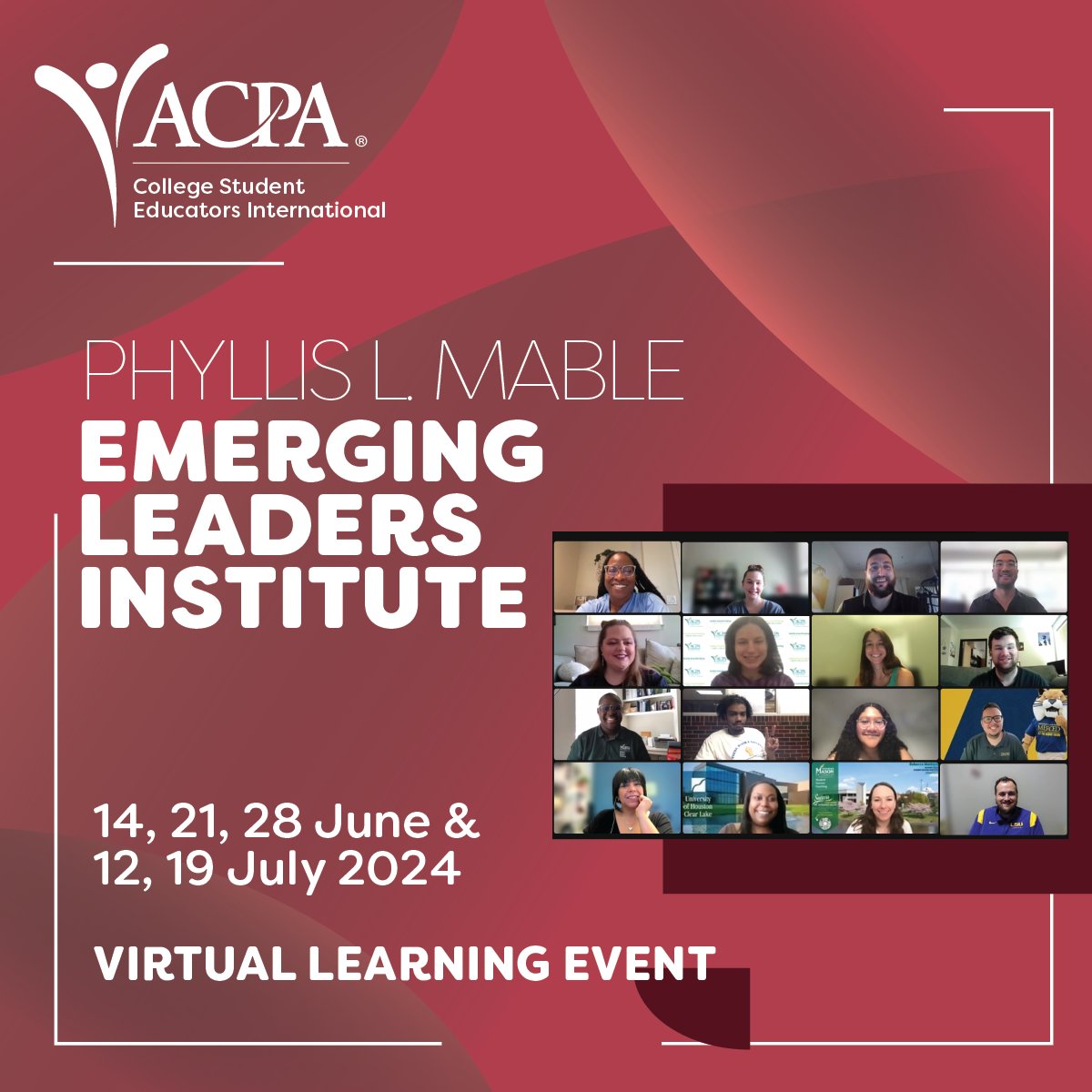 Registration is now open for @ACPA's 2024 Phyllis L. Mable Emerging Leaders Institute!

Ideal for new professionals in #StudentAffairs, the sessions will take place virtually on Fridays in June and July. 

More info and registration: myacpa.org/event/eli-2024/

#ELI2024