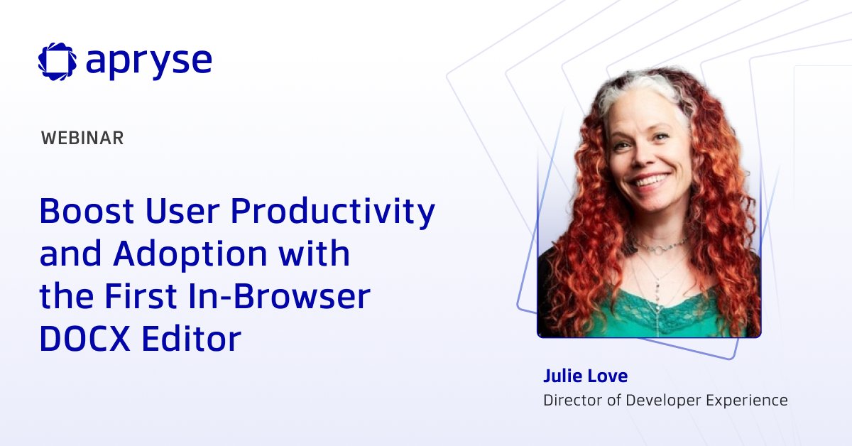Next Thursday, April 18th, at 2 p.m. ET, 11 a.m. CET, and 3 p.m. SGT, join Julie Love, Director of Developer Experience, for our latest #webinar, where she will be discussing recent performance improvements made to the #Apryse in-browser DOCX Editor: brnw.ch/21wIIXQ