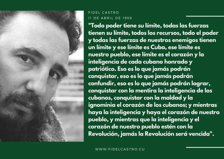 🎙️#FidelCastro 'Todo poder tiene su límite, todas las fuerzas tienen su límite, todos los recursos, todo el poder y todas las fuerzas de nuestros enemigos tienen un límite y ese límite es Cuba, ese límite es nuestro pueblo...'.
👉 11 de abril de 1959 
#SomosCuba #SomosContinuidad