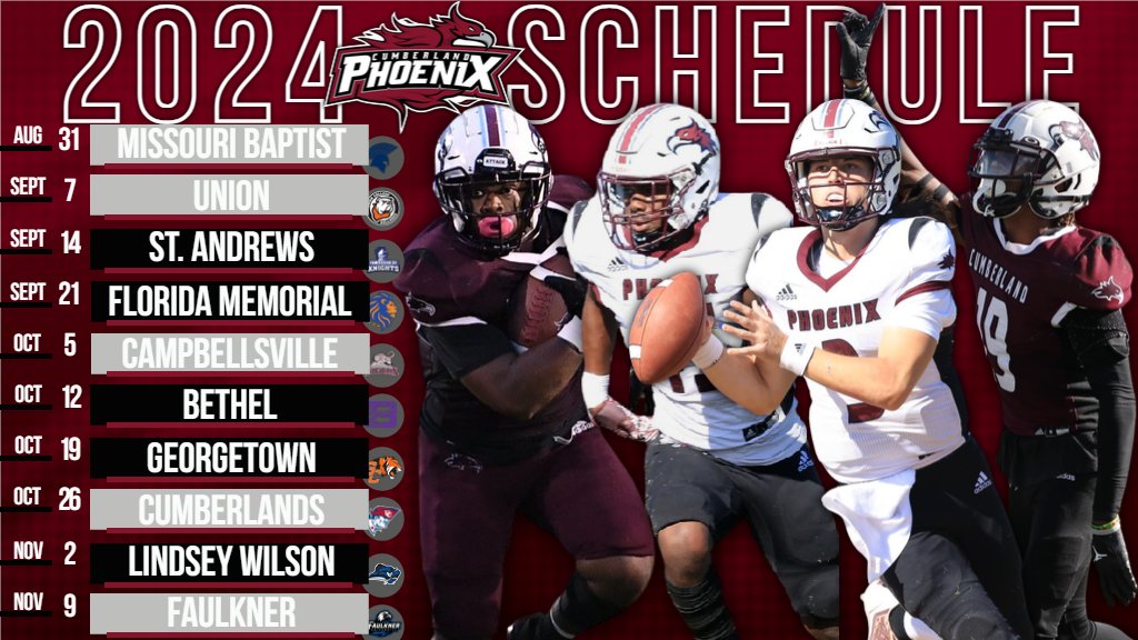 The 2024 Cumberland Football schedule is here! Mark your calendars and save the date as we can't wait to see you all at Nokes-Lasater this fall!