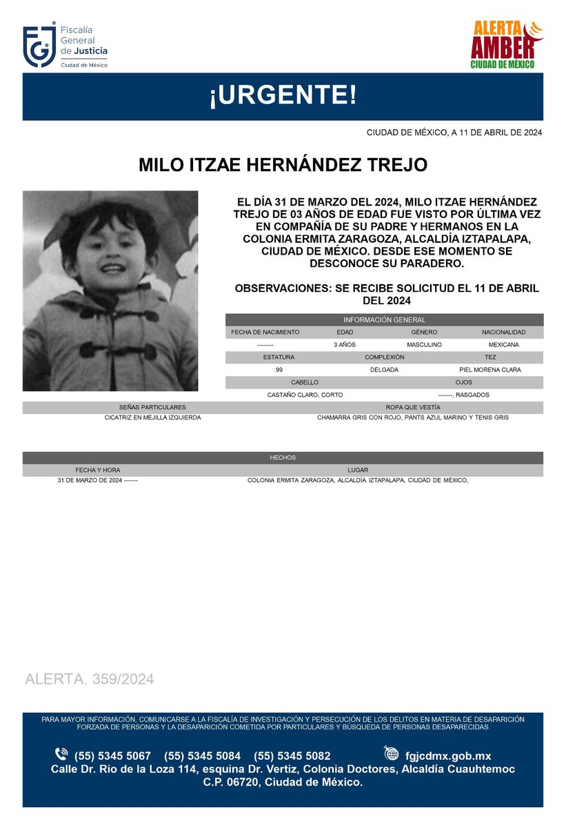 Se activa #AlertaAmber para localizar al menor de 3 años de edad, de nombre Milo Itzae Hernández Trejo, fue visto por última vez el día 31 de marzo 2024 en la colonia Ermita Zaragoza, alcaldía #Iztapalapa