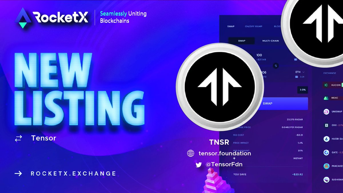 📢NEW LISTING ALERT🎉 @TensorFdn $TNSR is now LIVE on #RocketX $RVF 🔀Cross-Chain Swap from 20K+ tokens across 100+ chains to $TNSR via a single intuitive UI 📍app.rocketx.exchange #TNSR - Stewarding critical infrastructure for NFT trading. Growing a community of Solana NFT…