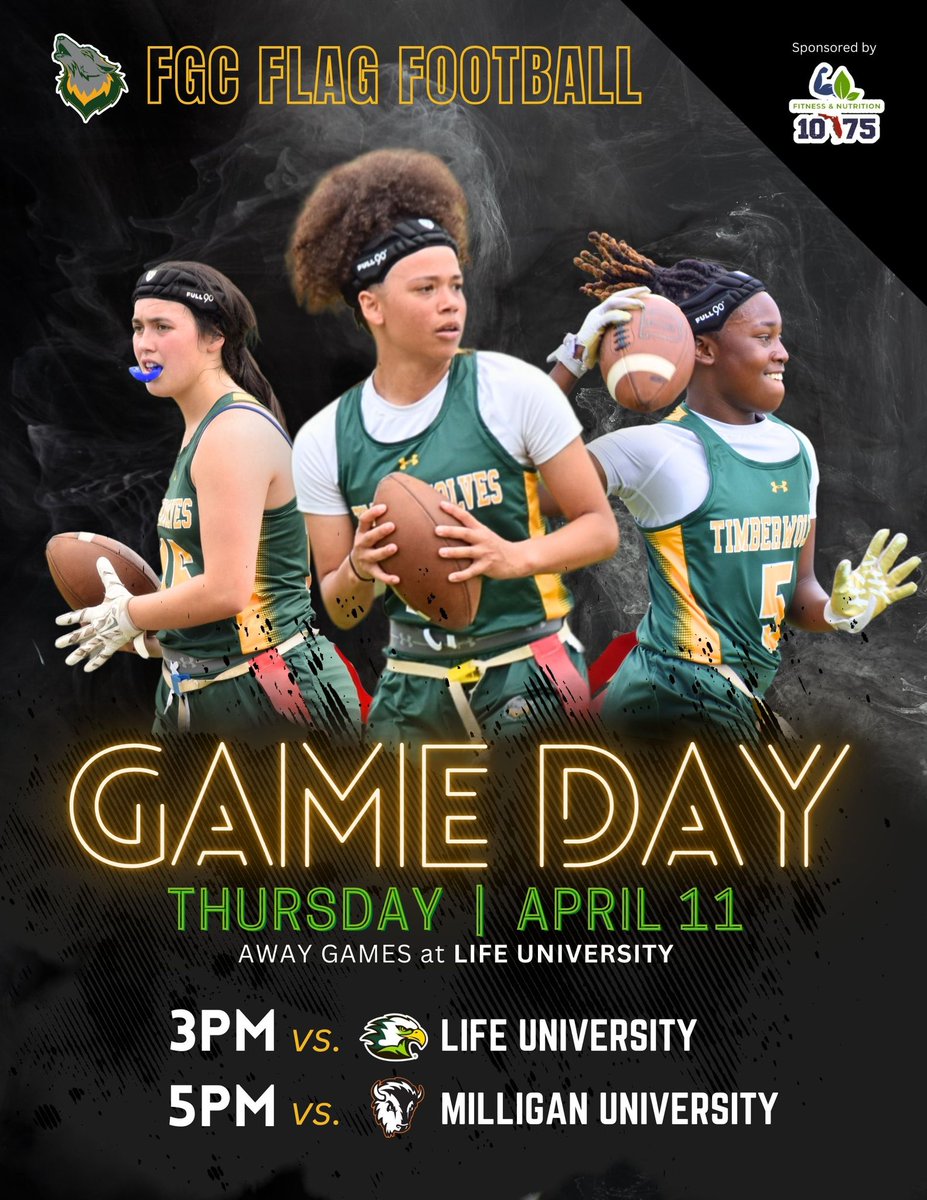 GAMEDAY on the road in Marietta, GA against @lifeu_wff and @MilliganWFlagFB at 3:00 and 5:00! Live stream: youtube.com/@lifeuniversit… FGC Flag Football sponsored by 1075 Fitness and Nutrition