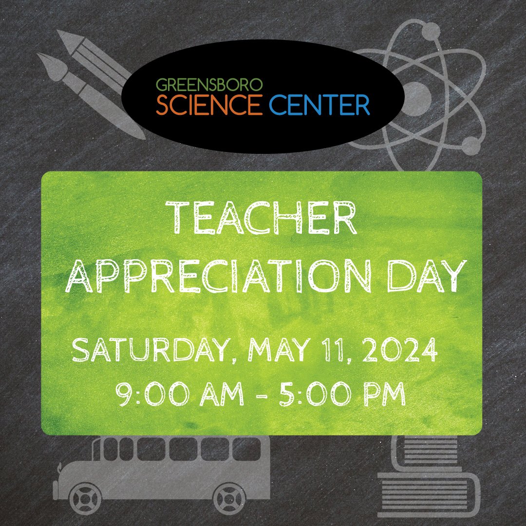 Free admission for teachers, administrators, and district staff to the GSC on 05.11.24. Show IDs at the check-in desk. Guests pay $16.50 + tax. PLUS! Receive a 30% discount at TriceraShop. &amp; enter to win prizes!

#GreensboroScienceCenter #VisitGSO #TeacherAppreciationDay