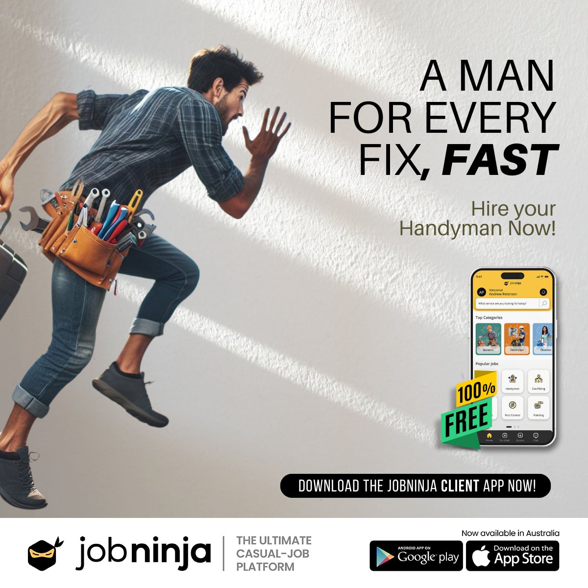 Fix it fast, find the right expert. Get help with any task on Jobninja.

* Reliable
* Initiative
* Professional Taskers

jobninja.com.au/client-app

#taskers #taskersonline #taskersapp #finishwork #FlexibleWorkforce #FindYourPerfectFit #GetItDone #ReliableHelp #SkilledWorkers