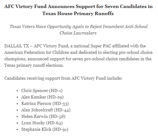 AFC Victory Fund (@SchoolChoiceNow) releases 7 endorsements in #txlege House GOP runoffs -- two incumbents, four challengers to incumbents, and one open seat candidate.
