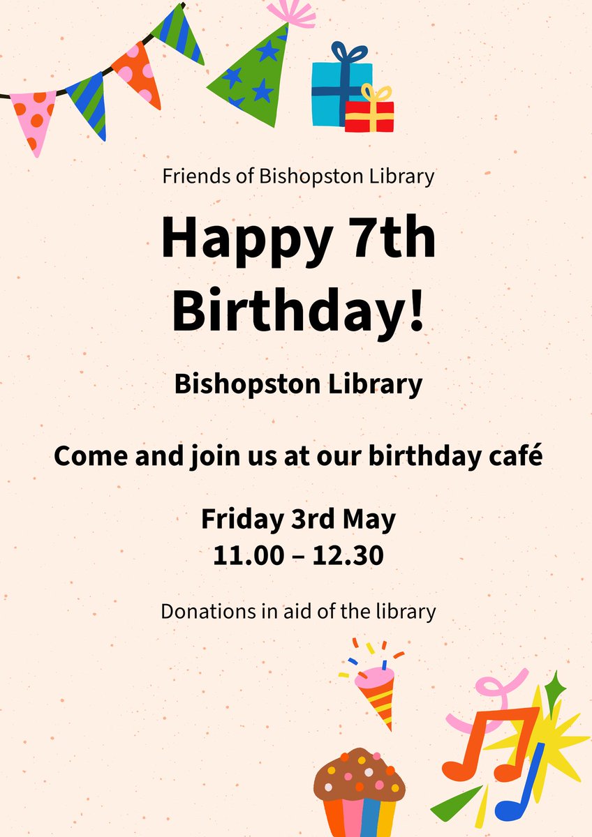 ✨Friends of Bishopston Library 🎂Happy 7th Birthday Bishopston Library! 🎊Come and join us at our birthday cafe 🎉Friday 3rd May 11.00–12.30 🎈Donations in aid of the Friends of Bishopston Library . . . #bishopstonlibrary @bishmatters @bishopstonvoice