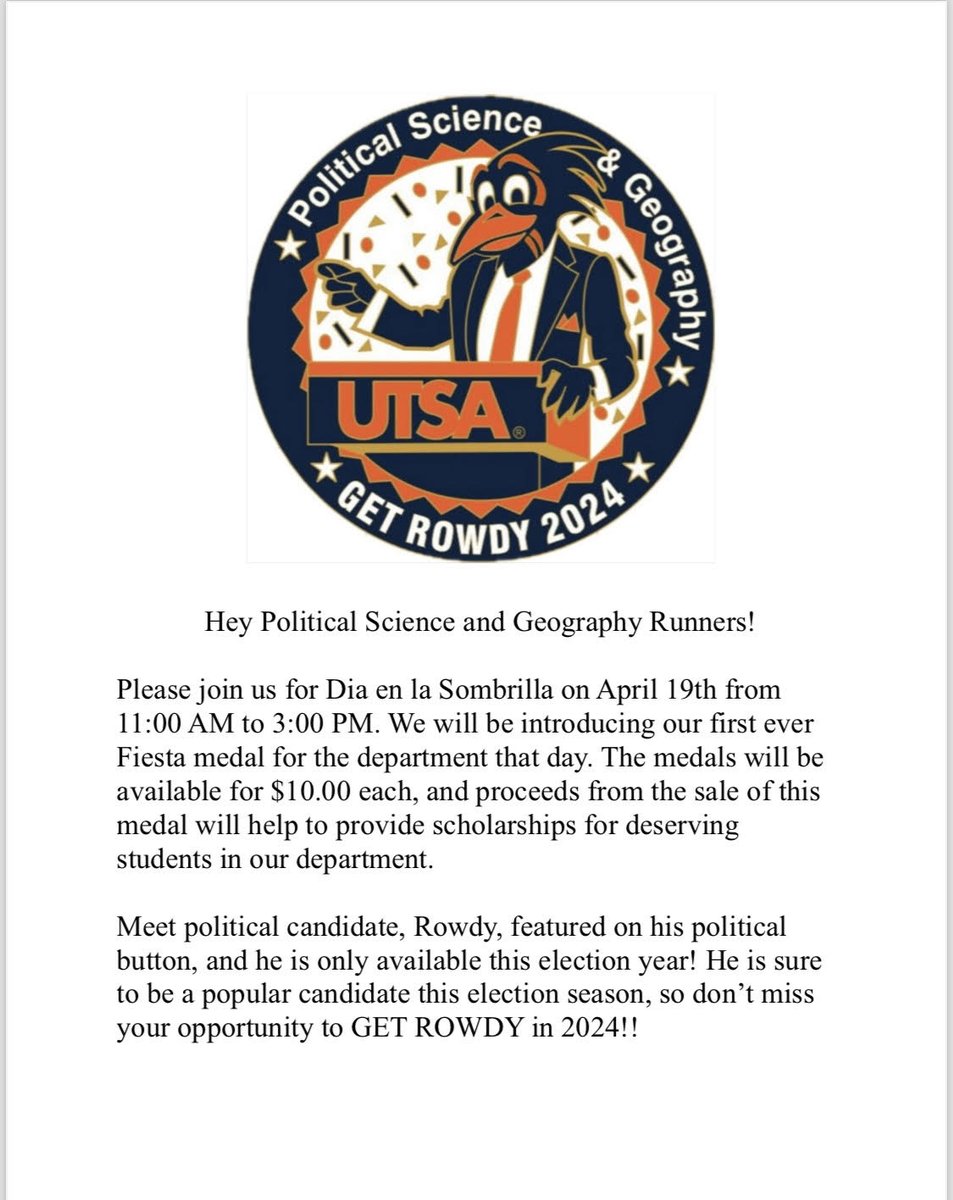 Coming Friday, April 12th!  <a href="/dpsg/">DPSG</a>'s medal for this year's 
<a href="/UTSA/">UTSA</a> Dia en la Sombrilla will be available for sale in the Department.  We'll also be selling them during next week's Fiesta celebration.  #UTSA #DiaEnLaSombrila