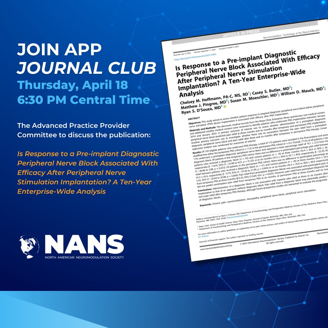 NANS APP Journal Club is next Thursday, 4/18 at 6:30 PM CT. Join the discussion and sign up today: bit.ly/3TJpDXZ #PeripheralNerveStimulation #PNS #painmanagement #journalclub #AdvancedPracticeProvider #HealthcareProvider