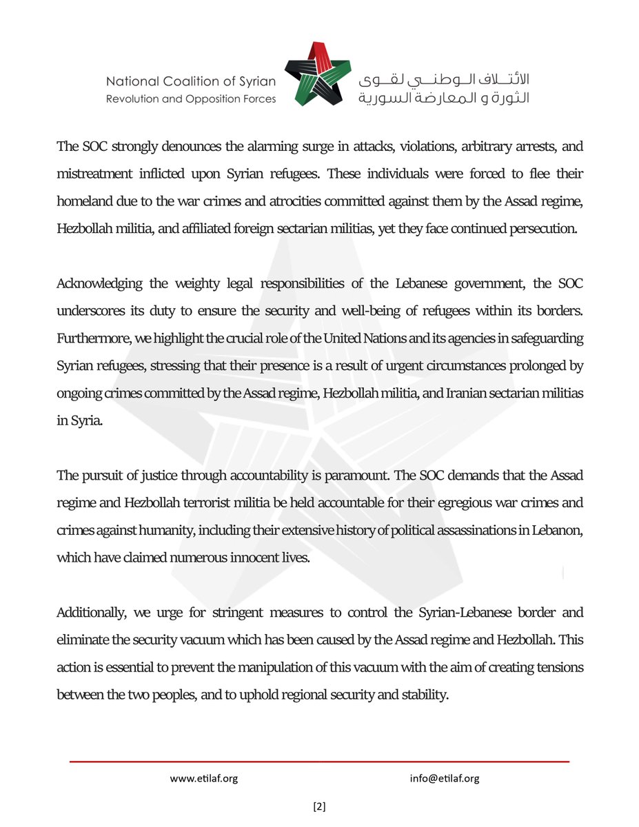 Press Release Syrian Opposition Coalition Department of Media and Communications April 10, 2024 On Attacks Targeting Syrian Refugees in Lebanon Following Murder of Pascal Suleiman Read: tinyurl.com/2dazprbx #Syria #SOC #Syrians #Lebanon
