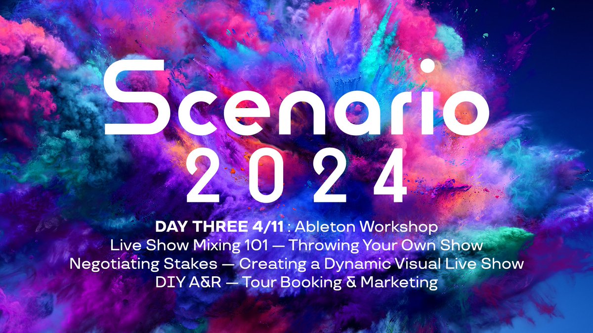SCENARIO 2024 Day Three @RegentTheaterLA. Today's workshops: Ableton Workshop — Live Show Mixing 101 — Throwing Your Own Show — Negotiating Stakes — Creating a Dynamic Visual Live Show — DIY A&R — Tour Booking & Marketing scenario2024.com/conference