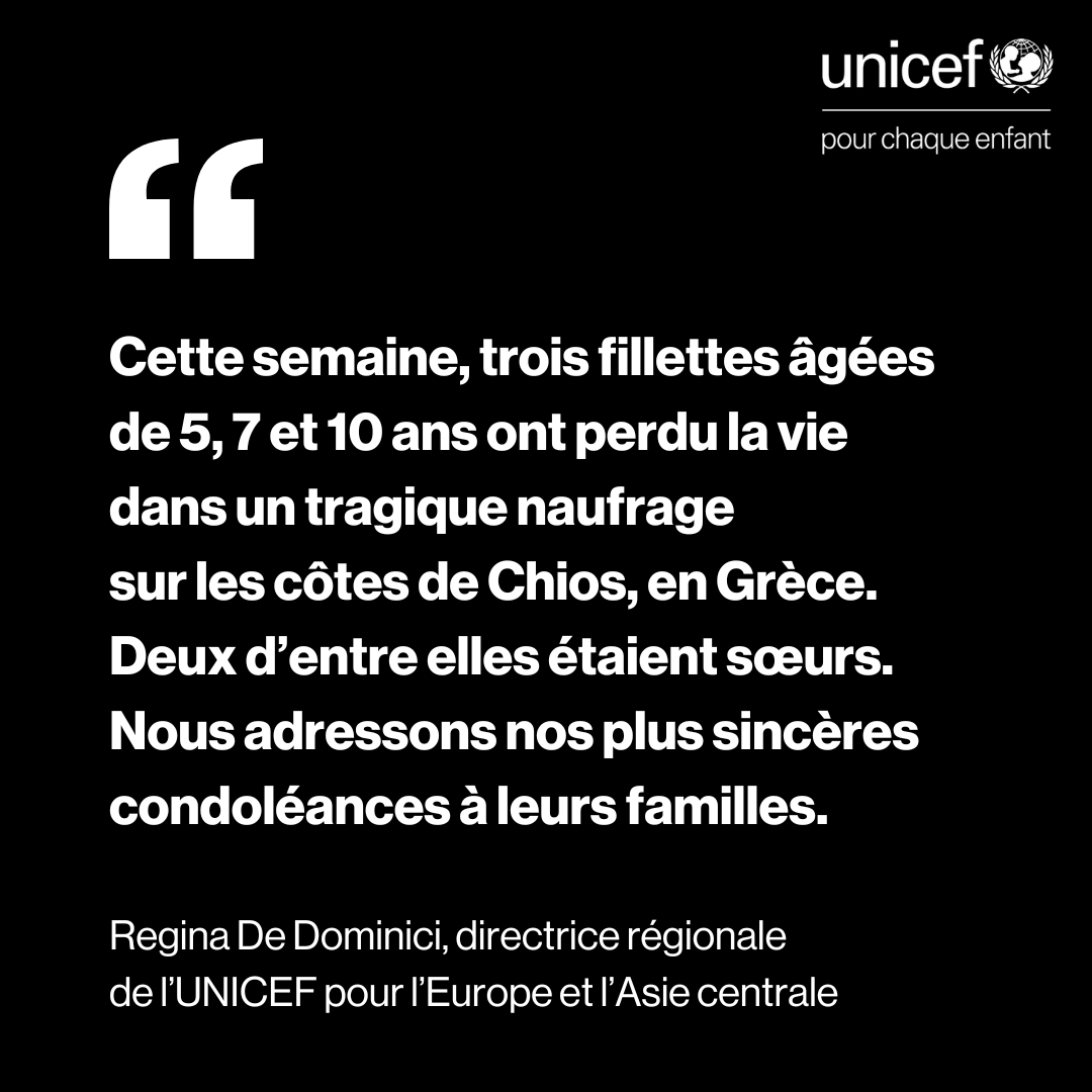 3 fillettes ont perdu la vie dans un naufrage tragique sur les côtes de #Grèce. Cet événement tragique nous rappelle la nécessité d’intensifier nos efforts pour protéger les enfants entreprenant la traversée risquée de la #Méditerranée. unicef.fr/article/nouvel… @UNICEF_Media_Fr