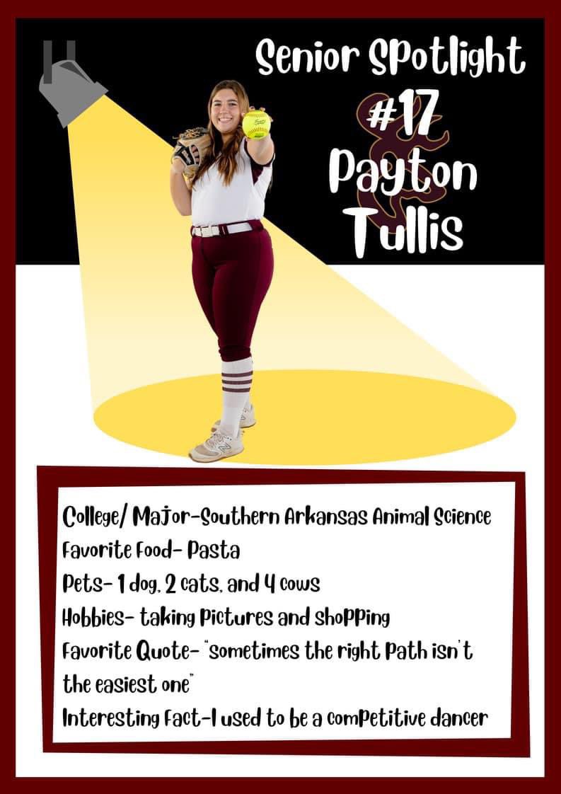 Payton Tullis 2024 P Southern Arkansas commit District is almost over and Senior night is Friday Night. Payton will graduate in the Top 12% of her class. Good luck year at Southern Arkansas @payton_tullis06