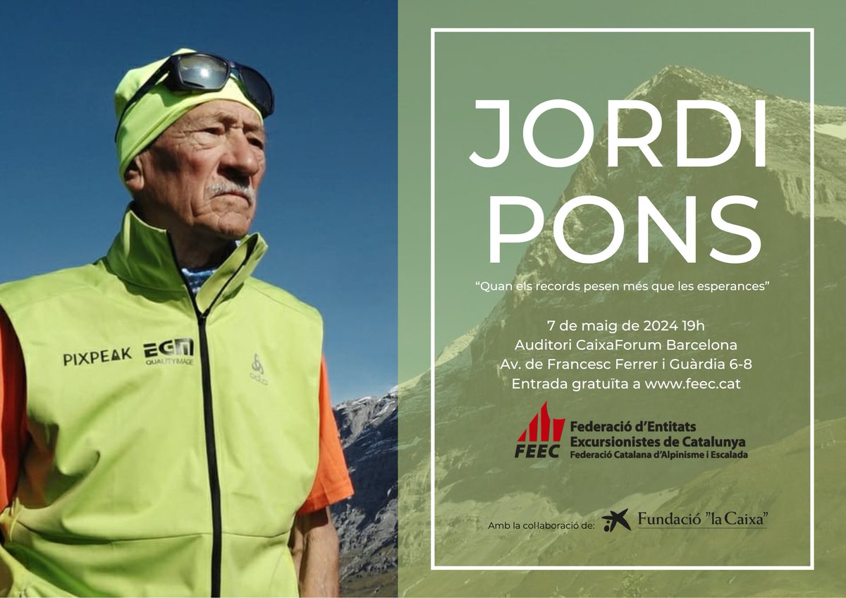 El documental de Jordi Pons s’estrenarà el 7 de maig al @CaixaForum. 5⃣0⃣ anys del primer 8.000 🏔️ català i repàs a la trajectòria d'un dels referents de l'alpinisme i l'escalada al nostre país. ➕ INFO ➡️tuit.cat/k9K6W #sentlamuntanya #sommuntanya #jordipons