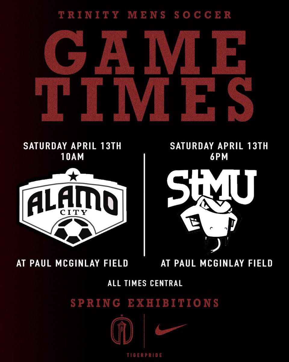 Trinity University Men's Soccer (@trinitysoccertx) on Twitter photo Game Times are updated ⏱️
T-2 days until we are back at McGinlay field‼️
We hope to see you there! 🏟️ 
#TigerPride🐯 Game Times are updated ⏱️
T-2 days until we are back at McGinlay field‼️
We hope to see you there! 🏟️ 
#TigerPride🐯