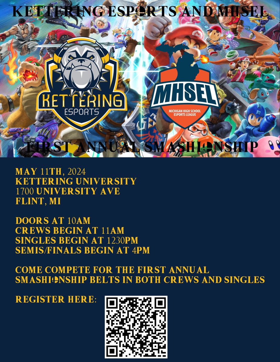 KUeSports's tweet photo. In collaboration with @MASSP_esports we are beyond excited to announce the First Annual Smashionship

This is a free end-of-season tournament for all K12 players and teams

Come compete for the Smashionship Belts in both crews and singles

Sign up here: https://t.co/CsMb7MGz5e https://t.co/dQkUk2BnD6