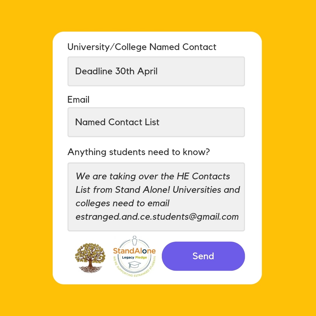 As part of the Stand Alone Legacy pledge, EaCES are officially taking on the Stand Alone Higher Education Contacts List. That's the named contacts for estranged and care experienced students. 

#EstrangedStudents #CareLeavers