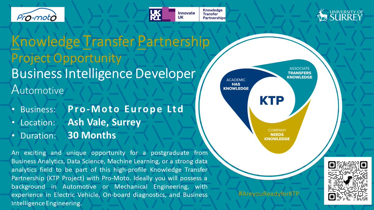 KTPSurrey's tweet photo. We're #recruiting for a BI Developer (KTP Associate) to work with us and Pro-Moto on an exciting 30-month #ktp. Scan the Qr code or follow the link https://t.co/Hvbr4CrARZ https://t.co/0kMLvDfZcj