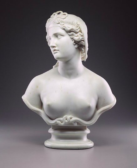 If I didn’t tell you this was #Medusa would you get it in 3 guesses? Sure there’s a suggestion of snakes in her wavy hair and the bottom of the bust, but other than that… just a girl. 
So how come our first thought of Medusa is grotesque villain and never innocent woman?