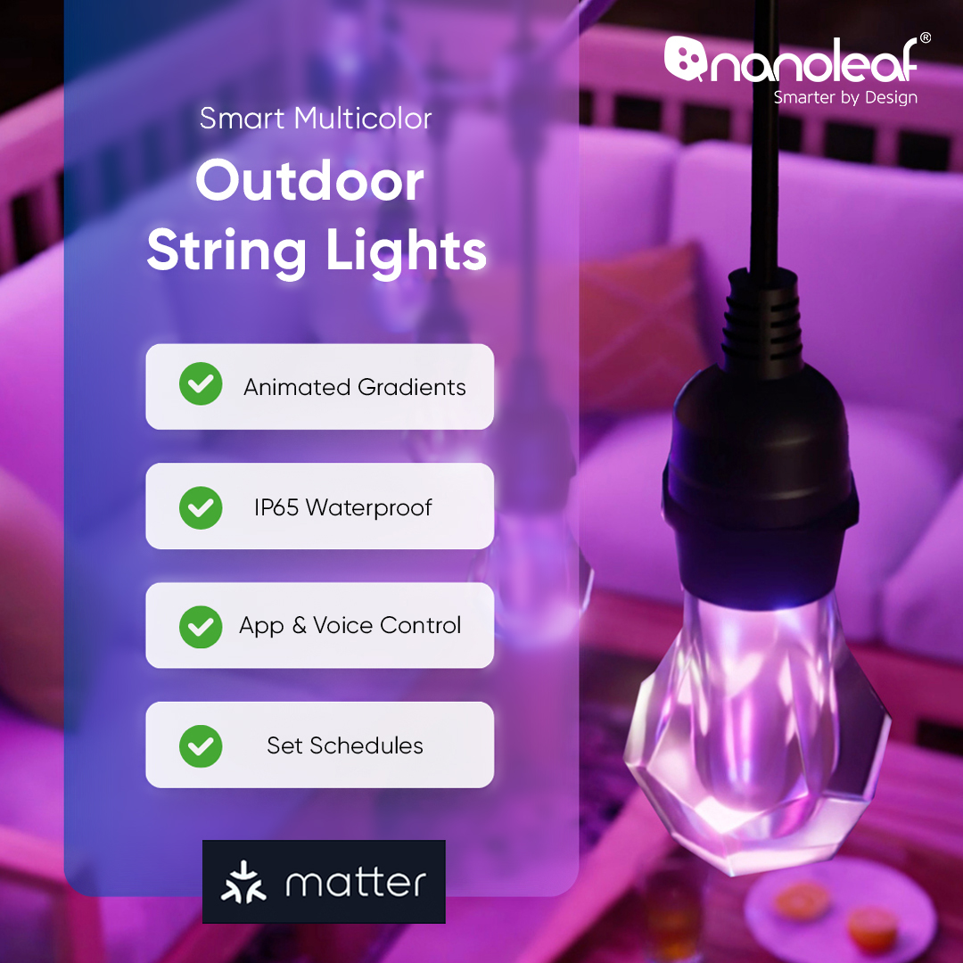 📢GET YOUR PATIOS READY! Nanoleaf's #NEW Matter Smart Multicolor Outdoor String Lights are HERE! They're like string lights, but nicer, better, smarter, cooler, and Matter-er. 🛒Shop Now: go.nanoleaf.me/osl (Availability varies by region, but if yours doesn't have them