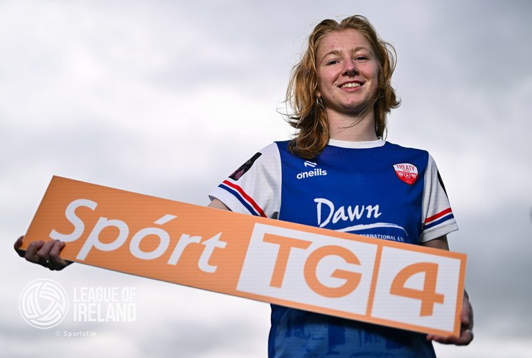 Erin Van Dolder representing Treaty United at the TG4 launch of Live Games for the 2024 SSE Airtricity Women's Premier Division. Treaty United travel to face @CorkCityFCWomen in front of the TG4 cameras on May 4th. 📸 @Sportsfile