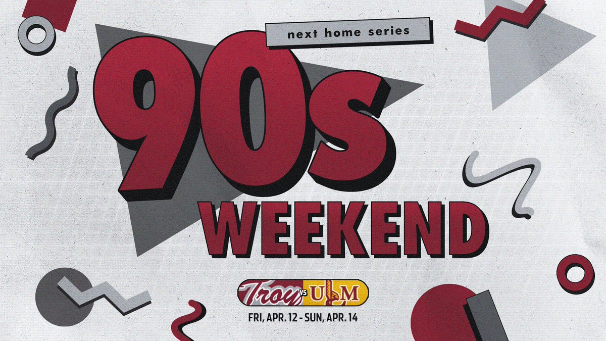 Turn back the clock this weekend at the Troy Softball Complex for 90's Weekend! 🥎Friday April 12 vs ULM at 6:00 p.m. 🥎Saturday, April 13 vs ULM at 3:33 p.m. 🥎Sunday, April 14 vs ULM at 12:00 p.m. #OneTROY⚔️🥎