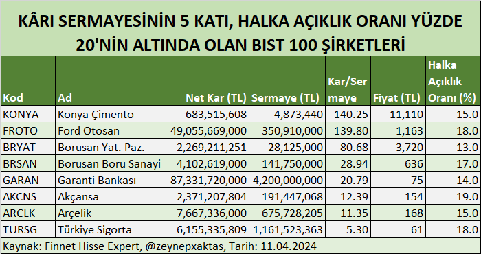 zeynepxaktas's tweet photo. KÂRI SERMAYESİNİN 5 KATI, HALKA AÇIKLIK ORANI   YÜZDE 20'NİN ALTINDA OLAN BIST 100 ŞİRKETLERİ
#KONYA #FROTO #BRYAT #BRSAN #GARAN #AKCNS #ARCLK #TURSG