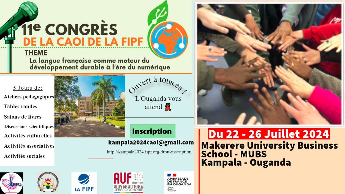Chers Congressistes,
Nous sommes ravis de vous annoncer que le 11e Congrès de la Fédération Internationale des Professeurs de Français se tiendra cette année en Ouganda, à la <a href="/OfficialMubs/">Makerere University Business School</a> <a href="/FrenchEmbassyUg/">France in Uganda 🇫🇷🇺🇬</a> <a href="/DRMatcero/">Assoc. Prof. Milburga Atcero</a> <a href="/French_Gov/">French Government</a> <a href="/ProfsFLEouganda/">Association des professeurs de français en Ouganda</a> <a href="/MercyTwino/">Mercy Twinomujuni</a>