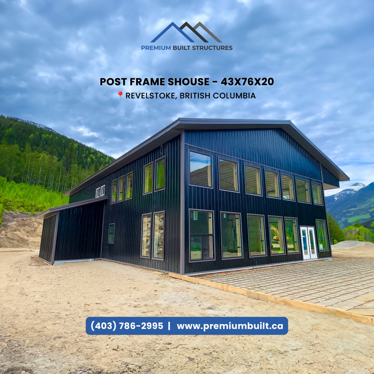 Step into the bold elegance of this black beauty!
This 43x76x20 post frame shouse was built in Revelstoke, British Columbia, combining the warmth of a home with the utility of a shop, all under one roof. 

#Albertabuilders #postframeconstruction #PremiumBuiltStrutures #alberta