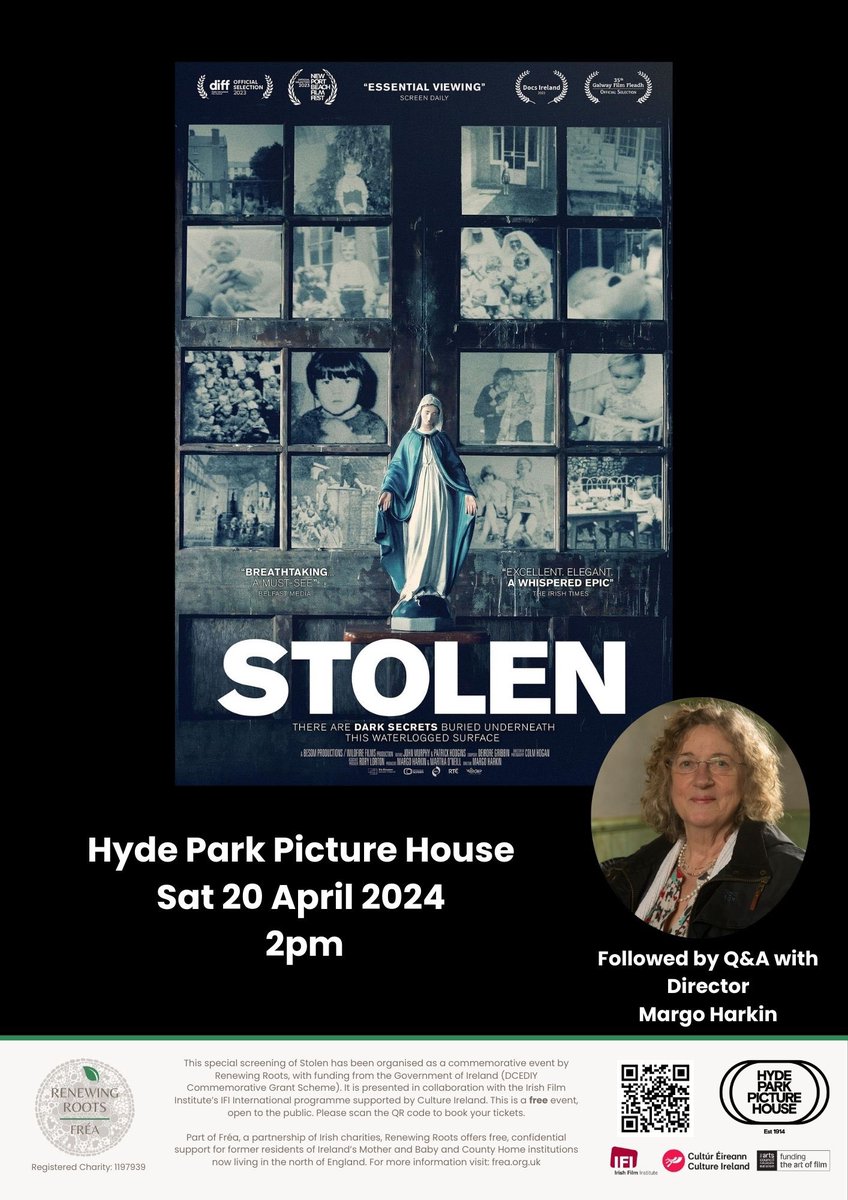 The @HydeParkPH will host a screening of 'STOLEN' on 20 April. STOLEN tells the story of several Irish mother and baby home survivors. A Q&A with director Margo Harkin will follow after the screening. All info & tickets here👇 hpph.co.uk/films/stolen