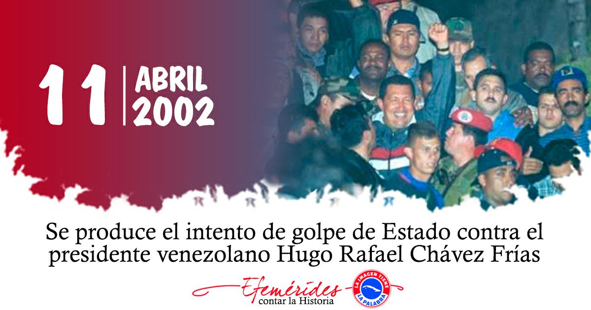 Recordamos hoy el intento de golpe de estado contra el presidente #Chavez, lo que nunca se imaginaron los golpistas que un pueblo🇨🇺🇻🇪 y el mundo 🌎 entero se pusieron en pie de lucha por la liberación del presidente. #CubaViveEnSuHistoria