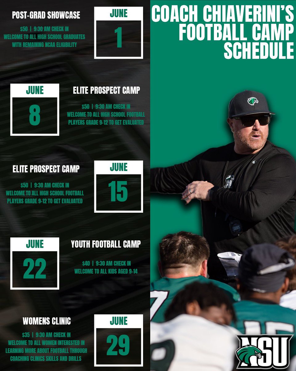 Summer Camp Dates are 🔒 in!! Come to the Quah and get evaluated by our staff! 2024’s June 1st is your day! We have scholarships available! 2025’s June 8th and 15th!! Youth Camp June 22nd and our Women’s Clinic June 29th! Click Link and Register!! 🦅🔥 riverhawksfootballcamps.com