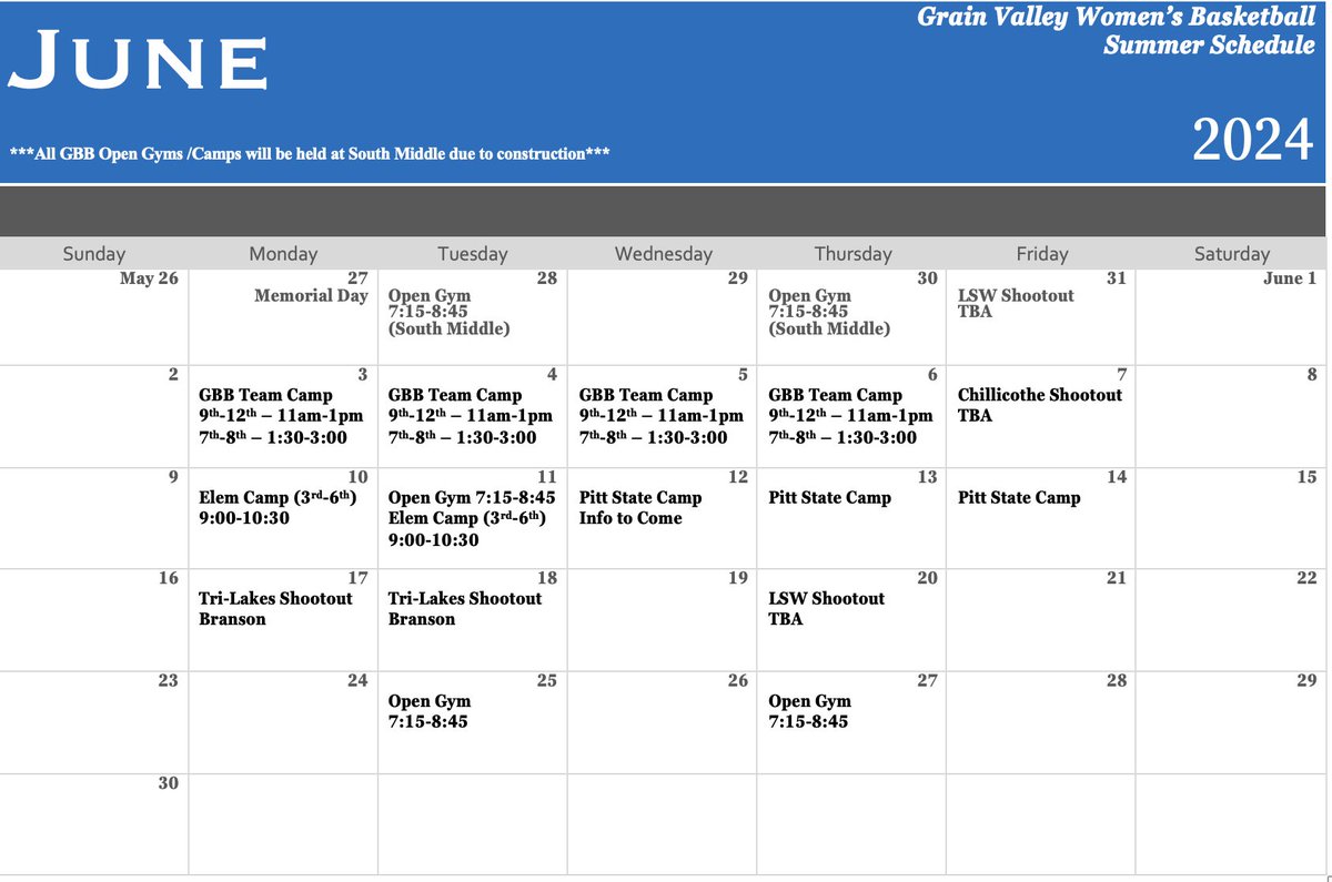 Summer Schedule is out! Going to be a fun summer. Stop by and get your questionnaire from Coach Boehmer. Sign up for meetings on Monday, meetings will start Tuesday.