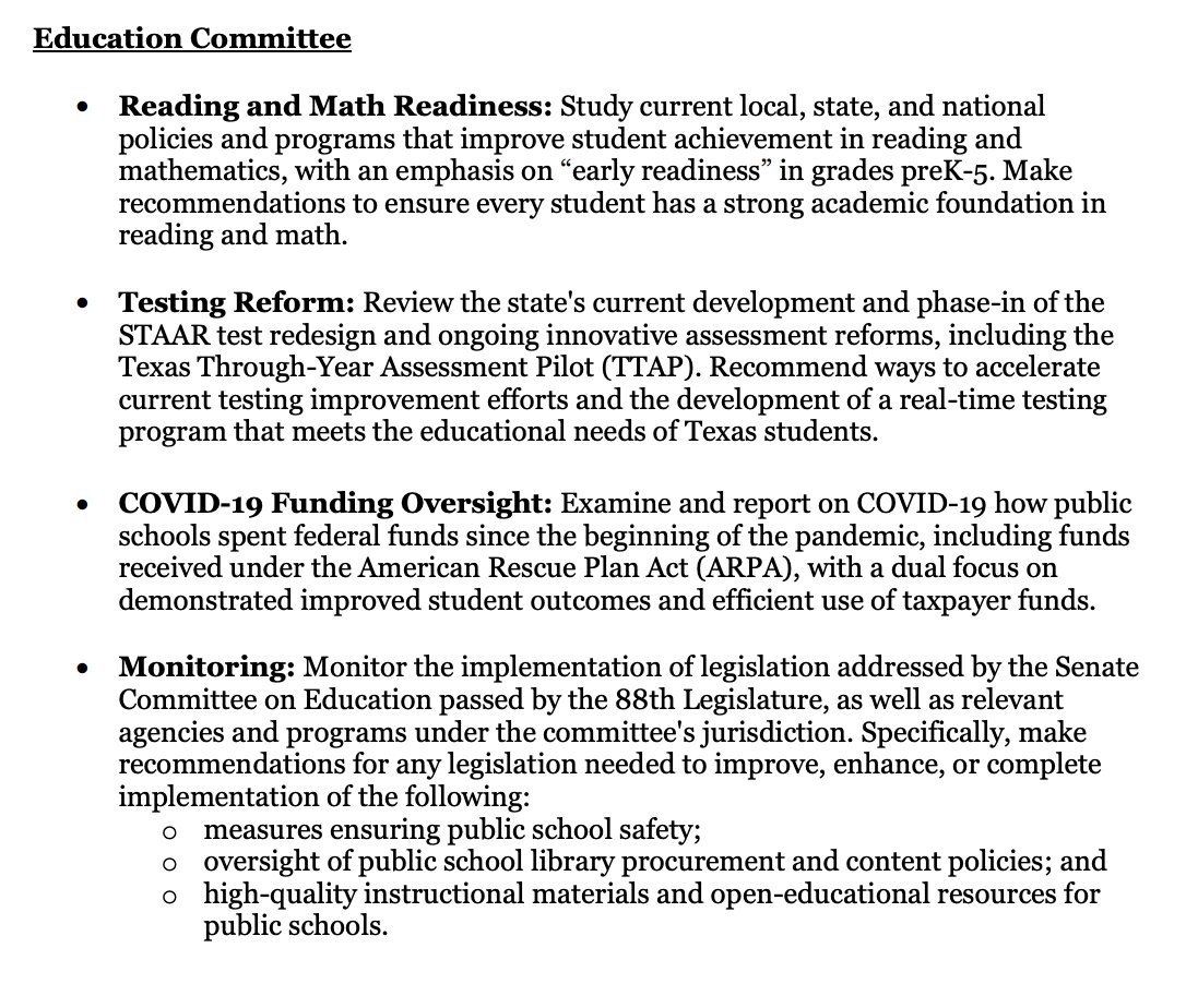 Lt. Gov Dan Patrick has released interim charges for the Texas Senate to review before the next #txlege session: They include: - Standardized test reforms - Reading/math readiness - Guidelines for 'Faculty Senates' - Tenure revisions - Antisemitism at colleges - DEI ban progress