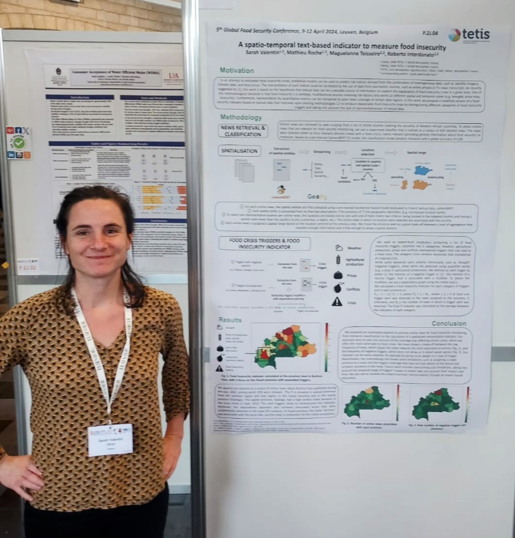 #GFOODSEC2024 Last but not least, our colleague Sarah Valentin presented her work about the use of textual news feeds to derive spatiotemporal food security indicators #UMRTetis @Cirad