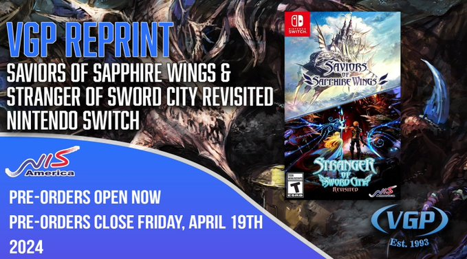 VideoGamesPlus_'s tweet photo. Preorders are now live on our latest #VGPReprint Saviors Of Sapphire Wings/ Stranger Of Sword City Revisited for the #NintendoSwitch. 
$64.99 / 47.99 USD each  (Limit 2 Per)

Reserve:  https://t.co/tQrXY5Mktp

Spend $80 / 60 USD to qualify for Free Shipping! 
#VGP #videogames #NISA #NSW #RPG