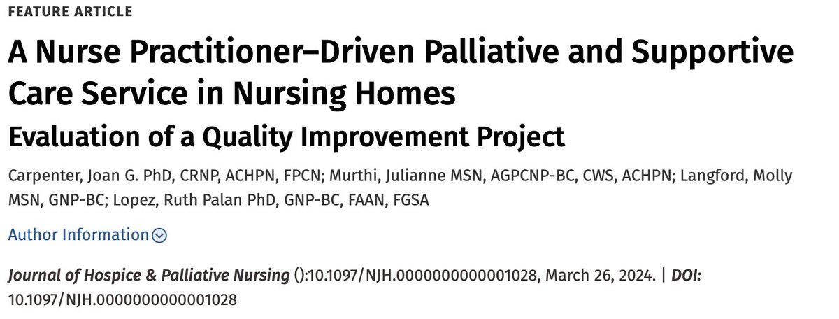 Partnership and collaboration are at the center of my research <a href="/MarylandNursing/">UMSON</a> and <a href="/CarpenterCoLab/">Carpenter Collaborative</a>  Excited to share this recent publication with national nursing home leaders advancing  #nursinghome #hpc <a href="/HPNAinfo/">Hospice and Palliative Nurses Association (HPNA)</a>   journals.lww.com/jhpn/abstract/…
