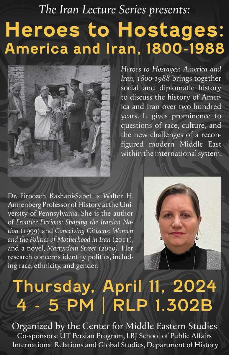 This afternoon: Dr. Firoozeh Kashani-Sabet
of UPenn will give a talk on the historical relationship
between America and Iran over the last two centuries.

Join us at 4pm in RLP 1.302B for this important talk!