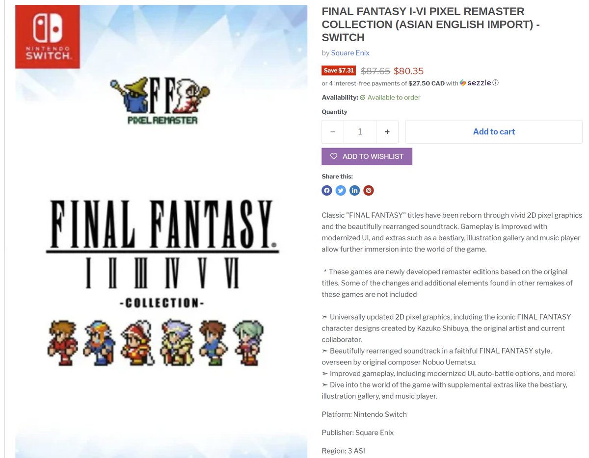 FINAL FANTASY I-VI PIXEL REMASTER COLLECTION (ASIAN ENGLISH IMPORT) is back up at VGP. Free shipping to the US! (#ad) videogamesplus.ca/products/final…