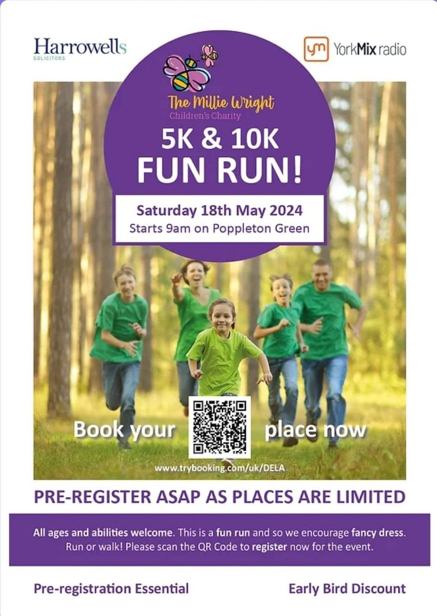 Have you registered for our fun run? 🏃‍♂️🏃‍♀️🎽👟👟 This year our friends at @Harrowells Solicitors are kindly sponsoring the event and @theyorkmix are supporting us.💜 We are raising funds for our #feedtheparents initiative. Please register here - trybooking.com/uk/events/land… 💜🙏